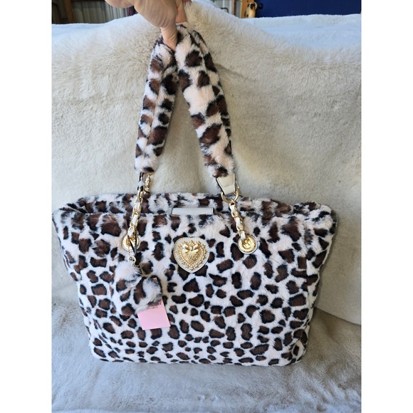 Juicy Couture Faux Fur Tote Bag Shoulder Bag Leopard Print Gold Hardware Fluffy - Picture 1 of 13